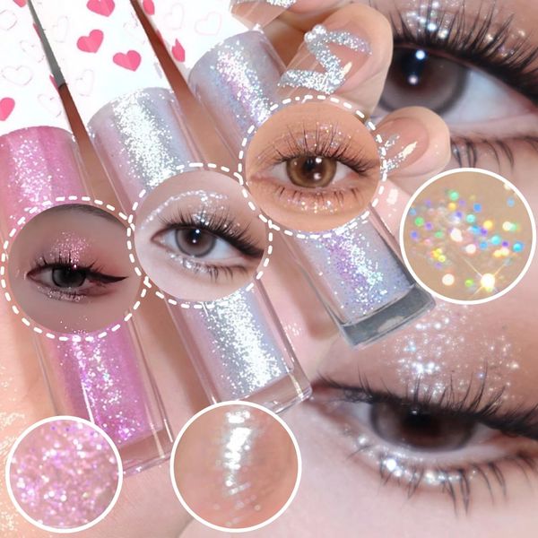 dreamynini Liquid Glitter Eyeshadow White Liquid Eyeliner 3Pcs Shimmer Highlighter Makeup Waterproof Eye Glitter Korean Makeup, Long Lasting, Quick Drying & Pigmented Glitter Glue for Eye Makeup