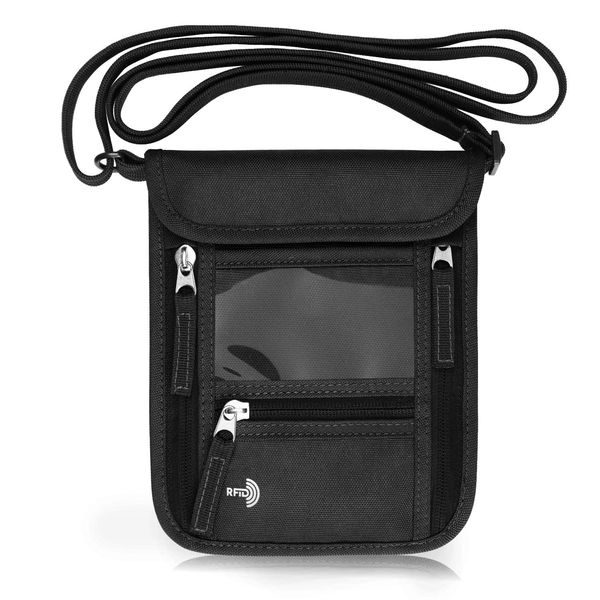 WALNEW Passport Holder Neck Pouch Travel Wallet for Women and Men, RFID Blocking Security Slim Traveling Wallet with Around Neck Lanyard Strap, Black