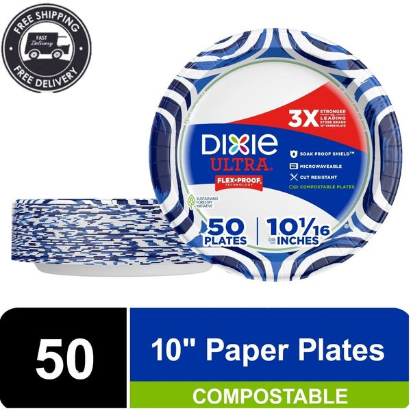 Dixie Ultra Compostable Paper Plates, 10 in, 50 Count, 3X Stronger, Multicolor,