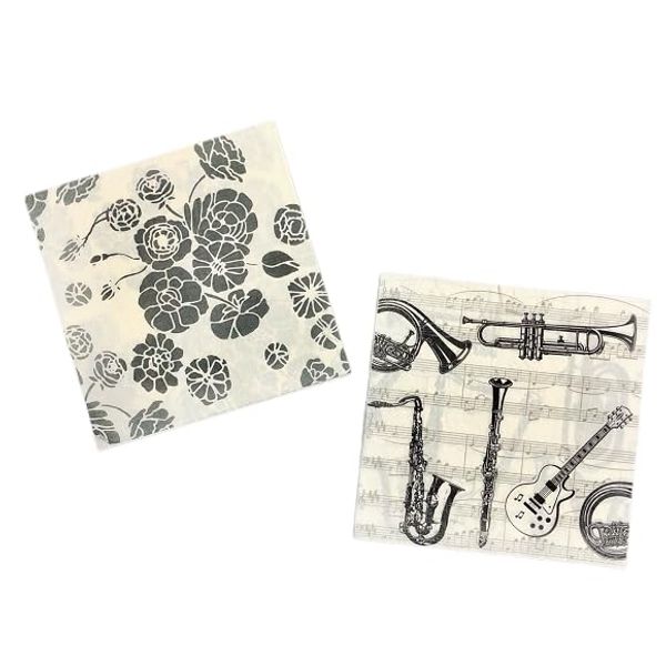 Paper Napkins, Set of 2, 5 Each Paper Napkins, Decoupage, Retro Floral Print, Black, Black, Japanese Music, Musical Notes, Musical Instruments, Guitar, Music, Sheet Music, Handmade Material