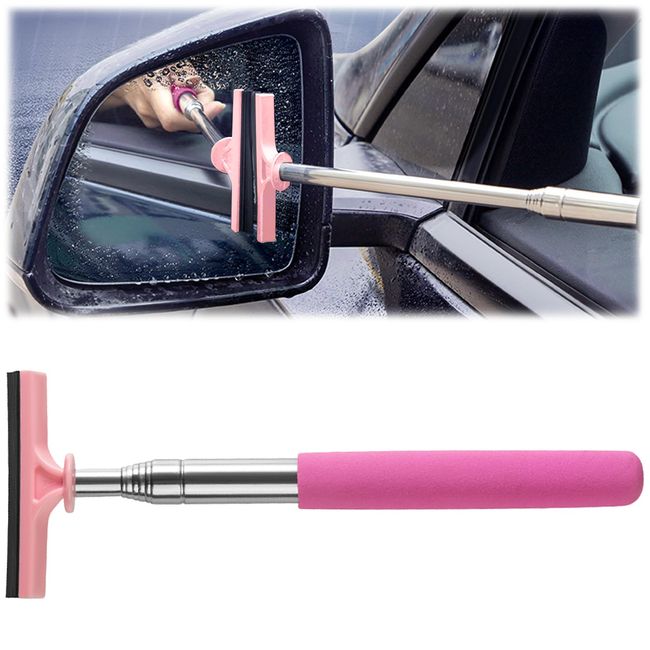 vvag Car Rearview Mirror Wiper, 8cm Brush head-98cm Telescopic Auto Mirror Squeegee, Water Cleaner with Telescopic Long Rod, Universal Automotive Accessories (Pink)