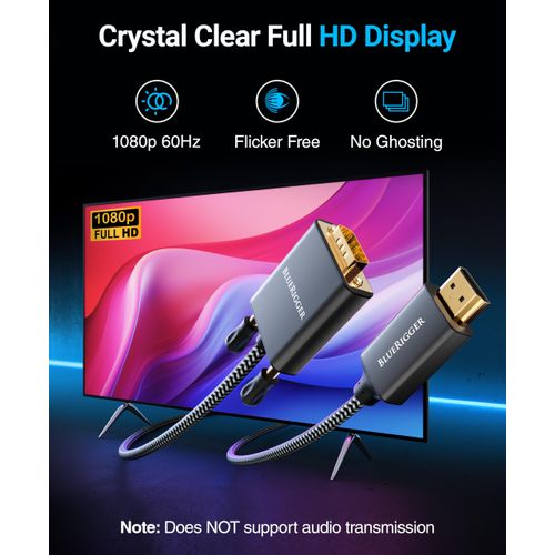 BlueRigger HDMI to VGA Cable 6FT (Unidirectional, 1080P, 60Hz, HDMI Adapter for Monitor, Male to Male, HDMI Source to VGA Display) - Compatible with Desktop, Laptop, PC, Monitor, Projector, HDTV