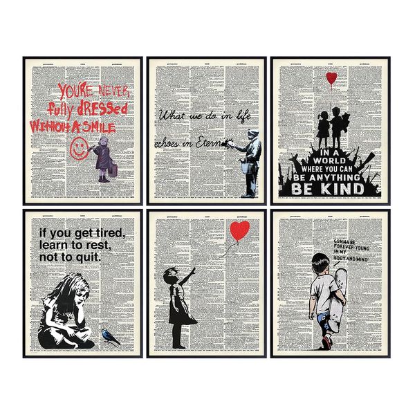 Banksy Wall Art Set - Inspirational Quotes Room Decor - Motivational Graffiti Street Art for Teens Bedroom, Living Room, Dorm - Set of 6-8x10 each Poster Picture Prints Home Decoration