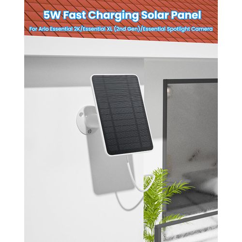 Solar Panel Charger Compatible with Arlo Essential 2K Outdoor(2nd Gen)/Essential XL Camera(2nd Gen)/Essential Spotlight, 5W Solar Panel with IP65 Waterproof 10ft Micro USB-C Cable & Wall Mount, 1 Pack