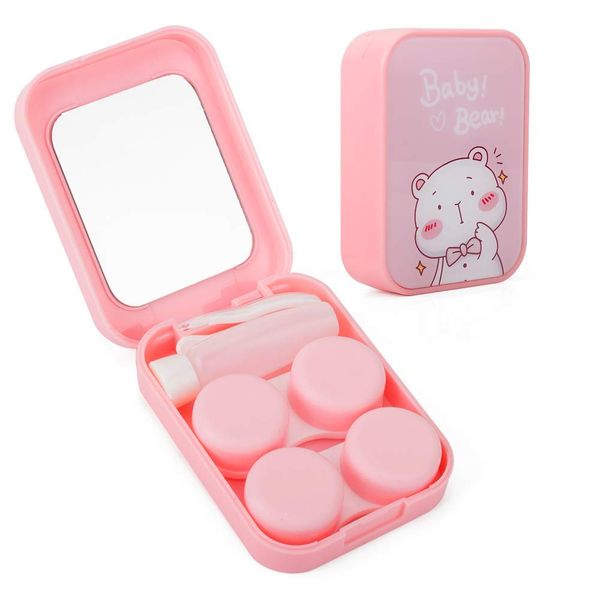 Set up 2 Contact Inserts, Cute, Contact Cleaning Case, Contact Lenses, Lens Case, Contact Storage, Contact Case Set, Girls, Women, (Pink-1)