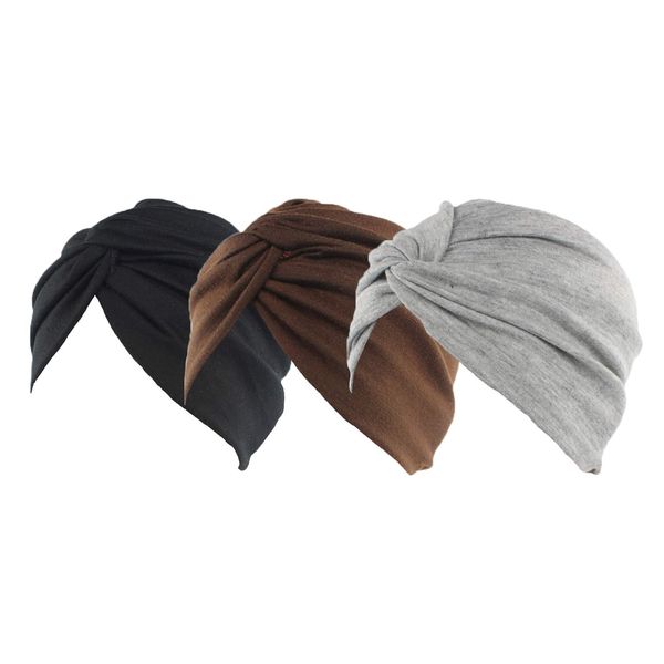 Ever Fairy 3 Stücke Chemotherapie Krebs Baumwolle Beanie Hut Elastizität Schlaf Turban Caps Head Wrap Cap Haarausfall Kappe für Frauen Headwear (Stil A (schwarz + dunkler Kaffee + grau))