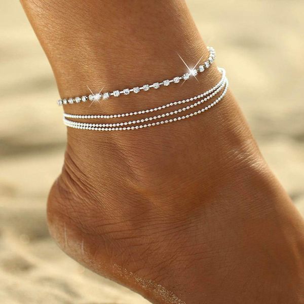 Yean Silver Fußkette Crystal Ankle Bracelet Layered Fußkette für Frauen und Mädchen