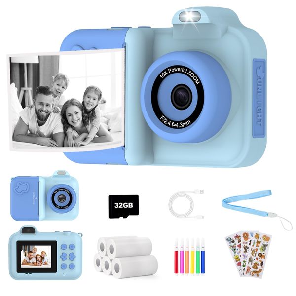 Kids Camera Instant Print,Kids Digital Camera 1080P HD Dual-Lens Selfie,Instant Print Camera with 5 Rolls Paper & 32GB Card,Toddler Camera Christmas Birthday Gifts for Boys Age 3-12