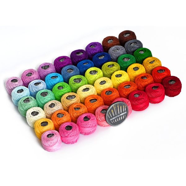 LE PAON 48 Crochet Thread Set Balls 100% Long-Staple Cotton Rainbow Colors of Size 8 Threadand Free 30 Golden Needles 48 Balls for Crochet Hardanger Cross Stitch Needlepoint Hand Embroidery