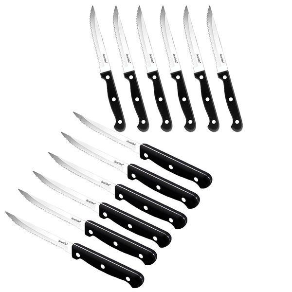 dearithe Serrated-Steak Knives Set of 12, Black Full-Tang Triple Rivet Steak Knife Sets, 4.5 Inch, For Kitchen Restaurant Tableware Camping ,Dishwasher Safe, Stainless Steel Sharp Blade