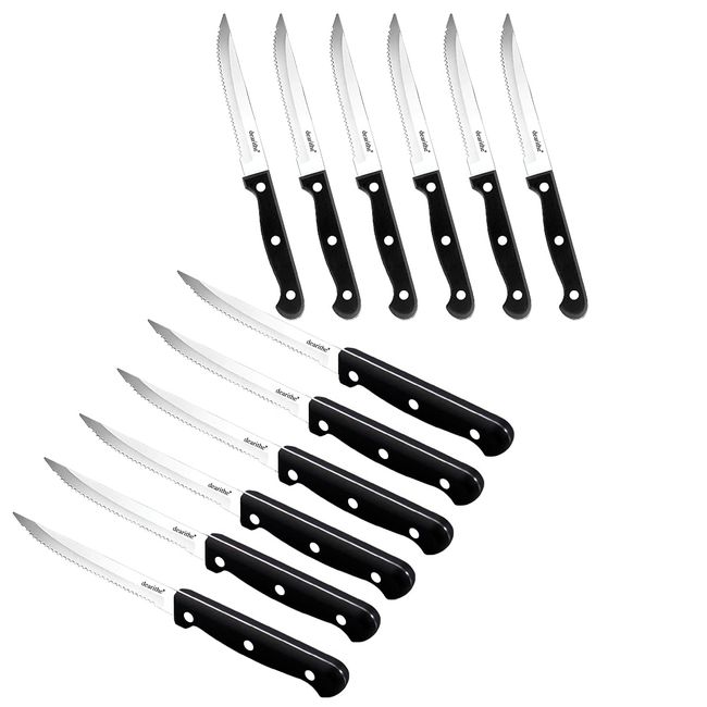 dearithe Serrated-Steak Knives Set of 12, Black Full-Tang Triple Rivet Steak Knife Sets, 4.5 Inch, For Kitchen Restaurant Tableware Camping ,Dishwasher Safe, Stainless Steel Sharp Blade