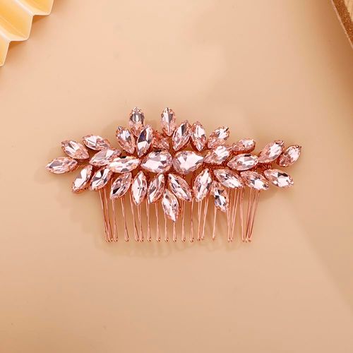 Teyglen Rhinestone Headpiece Bridal Crystal Hair Comb Full Pink Crystal Side Comb Hair Accessories Wedding Hair Piece for Women Girls