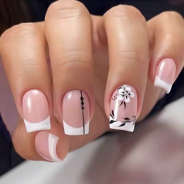 24 PCS French Press on Nails - White Square False Nails Glossy Flowers Fake Nails with Line Design Full Cover Short Nails Art for Women and Girls Daily Decoration