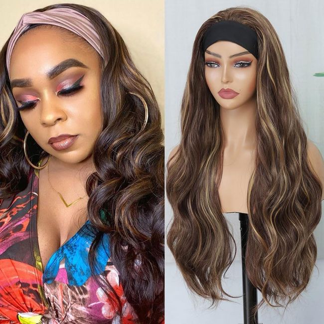 Joericor Synthetic Headband Wig for Black Women,Wear and Go Glueless Wig,Highlight Wig Ombre Honey Blonde Wig P27/33 Body Wave Synthetic Wig with Headband Party Daily Wigs Heat Resistant Fiber 30 inch