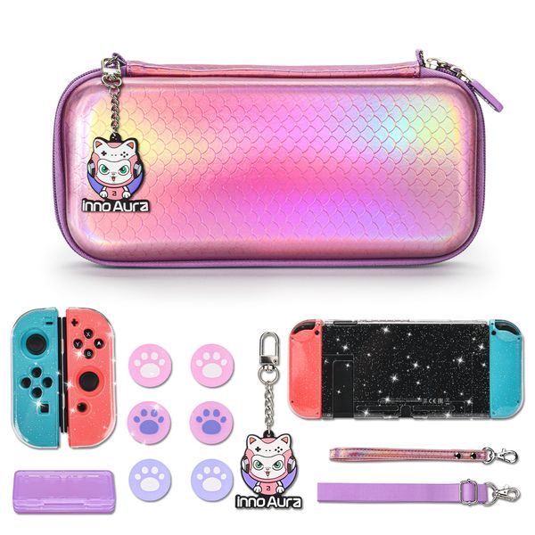 Switch Portable Case, innoAura 16 in 1 Switch Accessories with Pretty Switch Carrying Case, Switch Game Case, Switch Protective Case, Switch Screen Protector, Switch Thumb Caps (Mermaid Pink)