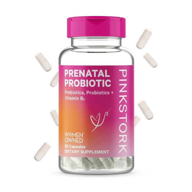 Pink Stork Prenatal Probiotics for Women, Vitamin Supplement to Support Morning Sickness, Digestion, and Gut Health in Pregnancy with Added Prebiotics and Vitamin B6, 30 Capsules