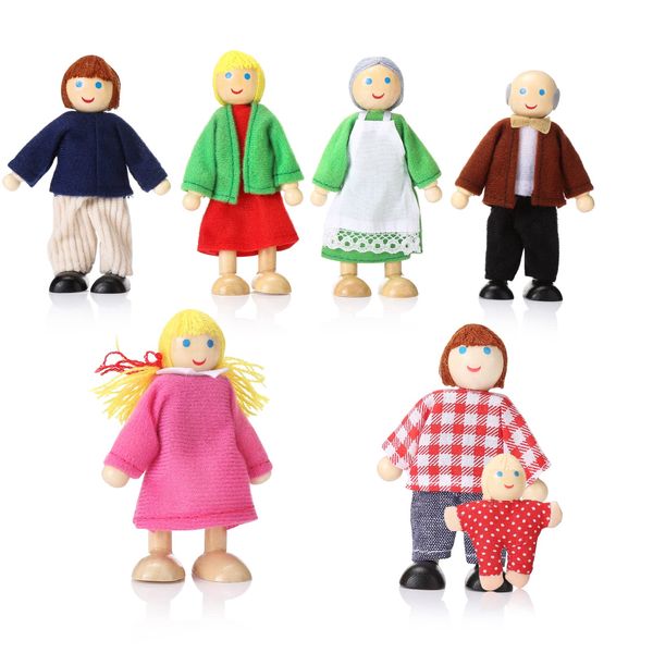 Wooden Dolls House People Family of 7 Pretend Play Figures for Dolls House Accessories Gift