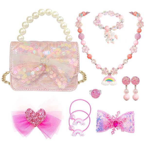 ELEMIRSA Girl Handbag Purse for Little Girls Kids Pretend Play Dress Up Necklace Hair Accessories Jewelry Set, Light Pink