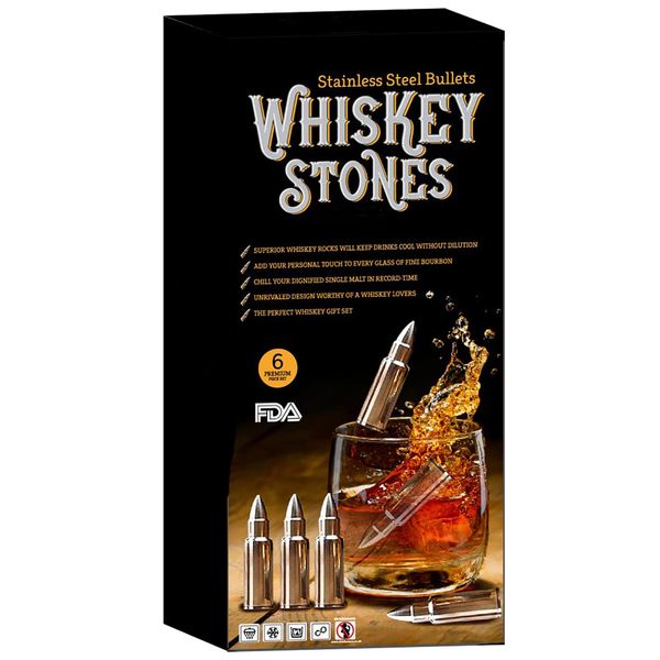 DIVCHI Whiskey Stone Bullets Gift Set of 6 - Silver Whiskey Ice Cubes Reusable - Whiskey Bullets Stainless Steel in Revolver Base - Chilling Whiskey Rocks Gift Set Gift Set