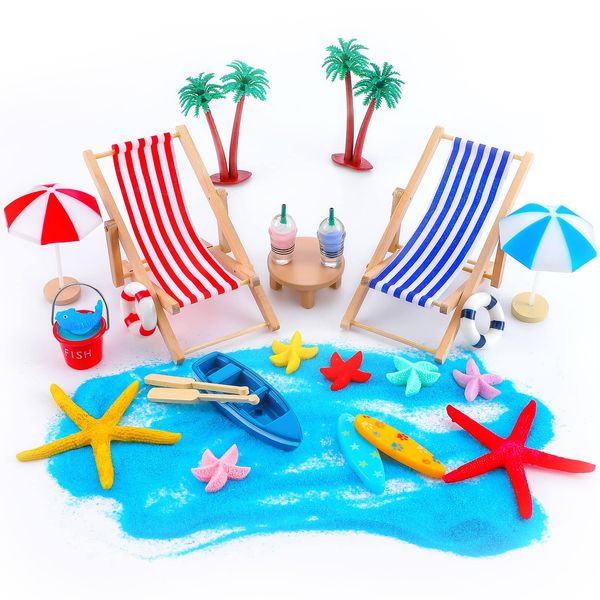 Minatee 25 Pcs Beach Miniature Dollhouse Decoration, Umbrella Palm Chair Miniature Toys Garden Decorations Dollhouse Outdoor Accessories Beach Decorations for DIY Garden Plant Pool (Red, Blue)