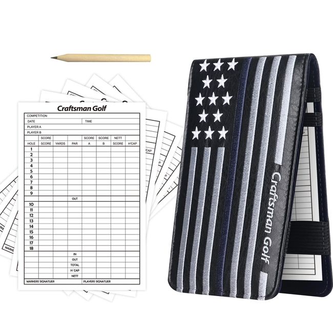 CRAFTSMAN Golf Scorecard Holder Scorecard Case Scorecard Cover Scorecard Cover Scorebook Cover with Flage Embroidery Premium Synthetic Leather Black