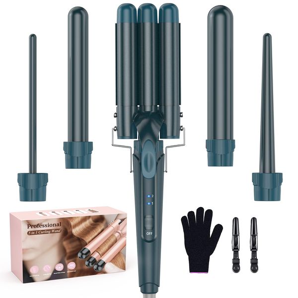 Waver Curling Iron Curling Wand - BESTOPE PRO 5 in 1 Curling Wand Set with 3 Barrel Hair Crimper for Women, Fast Heating Crimper Wand Curler in All Hair Type - Green