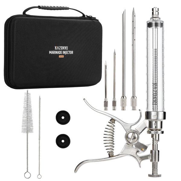 Razorri Marinade Injector Gun, Stainless Steel BBQ Meat Turkey Inject Kit, Flavor Food Syringes with Zipper Case, 2 oz Large Capacity Barrel and 4 Perforated Needles for Indoor Bake and Outdoor Grill