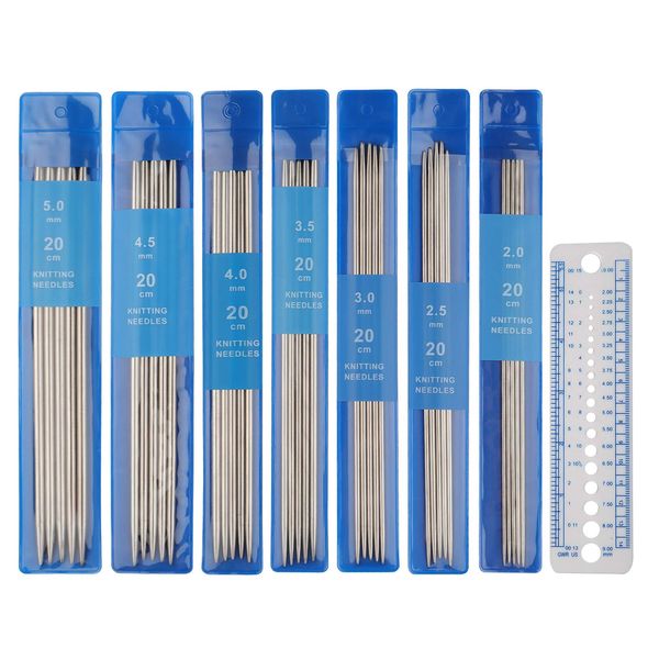 Coopay Short Double Pointed Knitting Needles Kit 20cm, Double Ended Needles 2.0mm to 5.0mm, DPNs Knitting Pins Set for Beginner and Small Projects, Sock Metal Needles 35 Pack and Needle Gauge