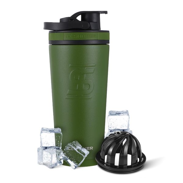 Ice Shaker Insulated Stainless Steel Shaker Bottle | 26oz, Green | Cold for 30+ Hours | Insulated Cup with Twist-on Agitator | Odor-Free Shaker Cup for Protein Shakes, Water, Smoothies, Cocktails