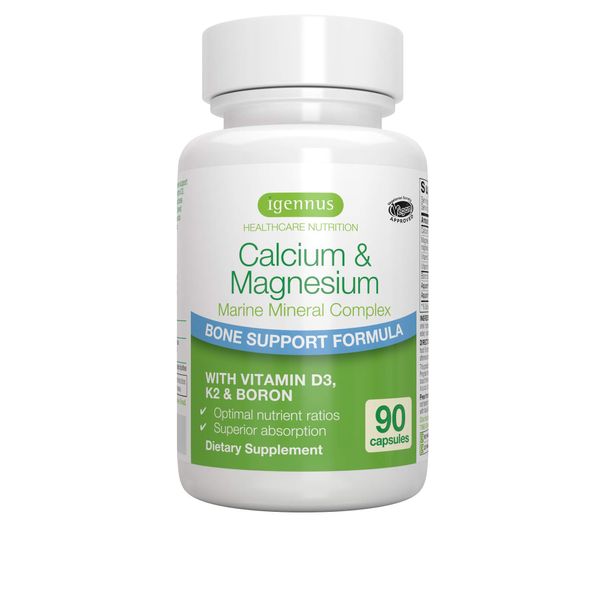 Calcium & Magnesium, 2:1 Plant Based Algae Mineral Complex with Boron, Vitamin D3 & K2, High Absorption Bone Support Formula with Cofactors, Vegan, 90 Capsules, by Igennus