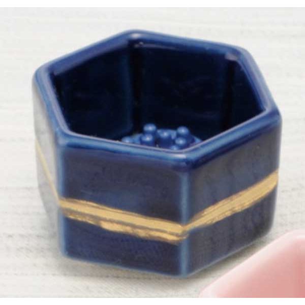 Ceramic figurine incense holder/gold band hexagonal mini incense holder navy blue (with incense beads)/good luck present gift boxed