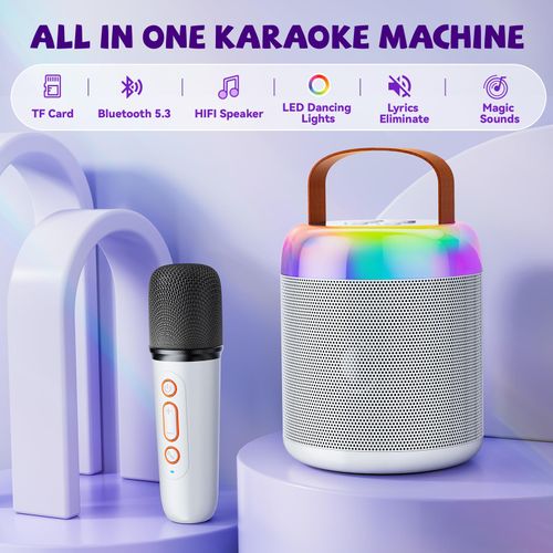 FOJELD Mini Karaoke Machine for Kids, Portable Bluetooth Speaker with Wireless Microphones, Gift for Girls Toys 4, 5, 6, 7, 8, 10, 12+ Years Old Birthday Family Home Party(Y2-White-1 Mic)