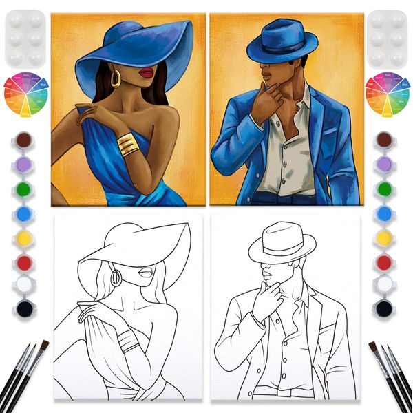 2 Pack Paint and Sip Canvas Painting Kit Pre Drawn Canvas for Painting for adults Stretched Canvas Couples Games Date Night Afro Elegant Gentleman and Lady Couple Paint Party Valentines Gift