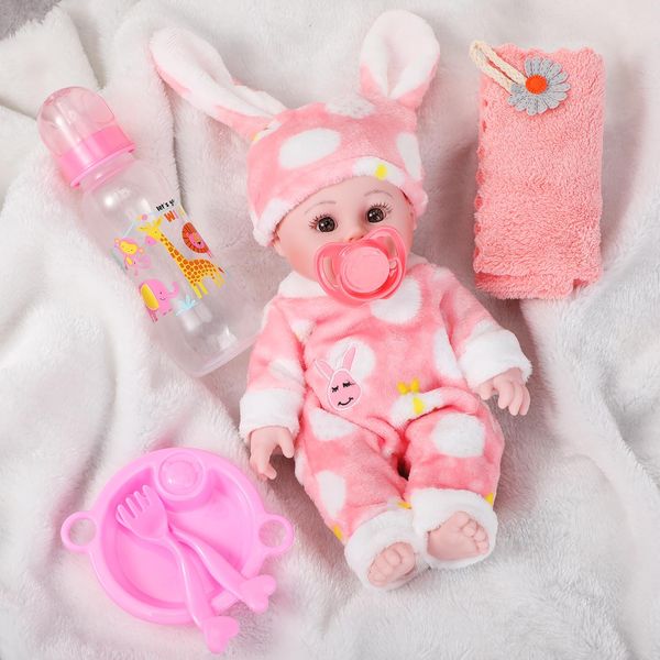 Jerify 6 Pcs 12 Inch Baby Doll Realistic Soft Newborn Baby Doll Toys Set Includes Baby Doll, Pacifier, Diaper, Bag, Bottles, Dishes Removable Pink Outfits for Toddler Kids Ages 3+ (Classic)