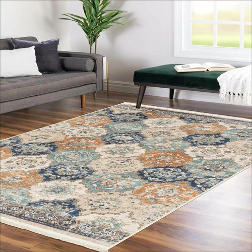 Alfa Rich 5x7 Area Rug, Ultra-Thin Boho Blue Beige Cream Rug, Non-Slip, Washable