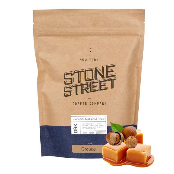 Stone Street Cold Brew Flavored Coffee, Natural Caramel Nut Flavor, Low Acid, 100% Colombian, Gourmet Coffee, Coarse Ground, Dark Roast, 1 LB