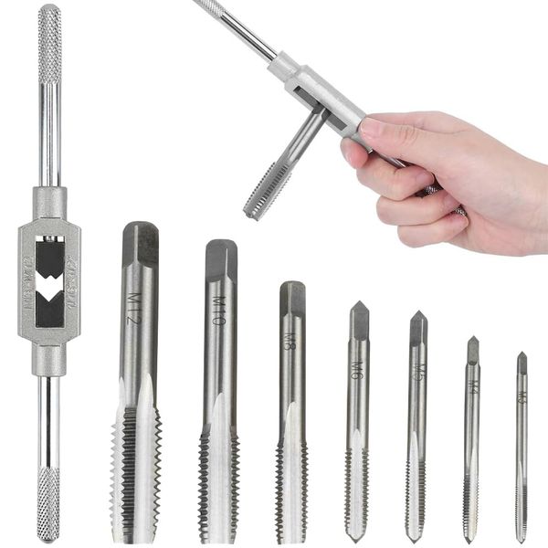 Tap Set of 8 Manual Screw Taps M3-M12 with Tap Handle, Connecting Tap Handle Set Tool, Reverse Tap Set, Tap Wrench Tap Drill Set, Screw Tap, Screw Tap, Compact Steel, Abrasion Resistant, Hand Tapping