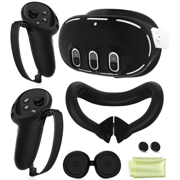 Silicone Cover Set Compatible with Oculus/Meta Quest 3, VR Accessories Protective Cover Includes Controller Grips, Front Shell Headset Cover and Face Cover (Black)