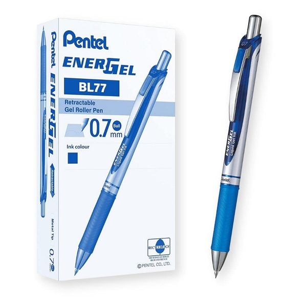 Pentel Gel Ink Pen, EnerGel RTX Gel Pens, 0.7 mm Metal Tip, Black/Silver Barrel, Blue Ink, 12 Each (BL77-C)