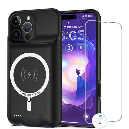 Battery Case for iPhone 16 Pro Max, [12000mAh] Enhanced Portable Protective Qi Wireless Charger Case Battery Pack with CarPlay Wireless Charging Case Compatible for iPhone 16 Pro Max (6.9 inch)-Black