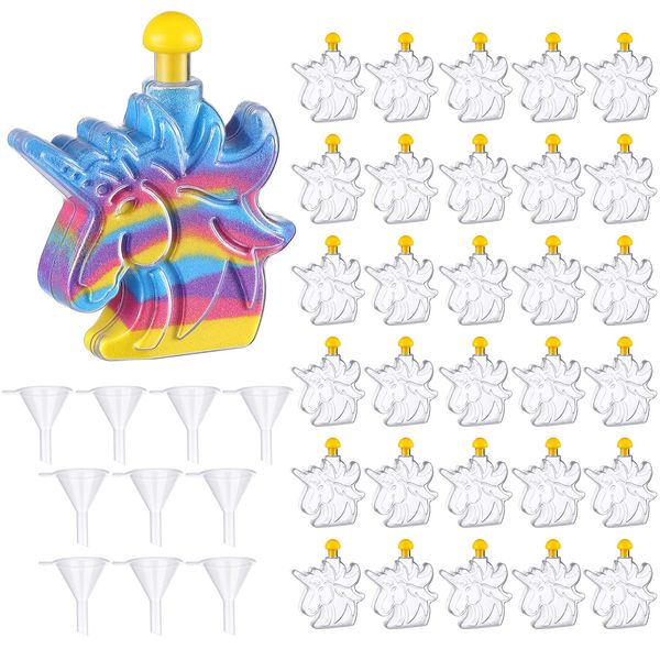 Zhehao 30 Pcs Unicorn Sand Art Bottles Bulk with 10 Pcs Mini Plastic Funnels Sand Art Container Sand Art for Kids Kit Sand Art Creations Activity Kit Party Supplies Party Favors, Without Sand