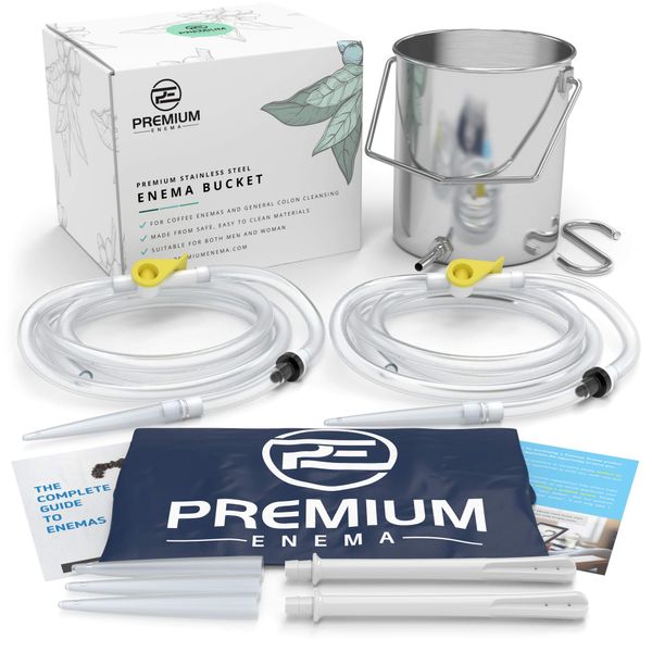 PE Stainless Steel Enema Bucket Kit. Suitable for Coffee and Water Colon Cleansing. 2 Litre Capacity, 2 x 6.75 Foot Long Hoses, 7 Tips. by Premium Enema