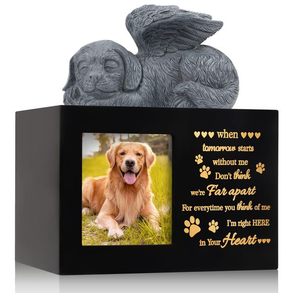 LPREUTWN Pet Urns for Ashes, Large Wooden Pet Urns for Dog or Cat Ashes with Dog Angel, Memorial Keepsake Memory Box with Photo Frame, Loss Pet Sympathy Remembrance Gift (Black)