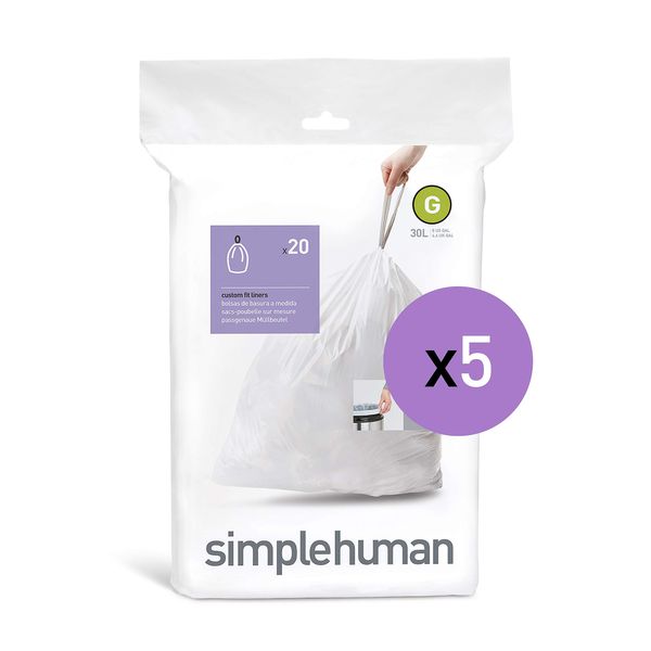 Simplehuman Code G Genuine Custom Fit Drawstring Trash Bags in Dispenser Packs, 20 Count (Pack of 5), 30 Liter / 8 Gallon, White