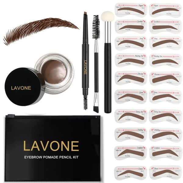 LAVONE Eyebrow Stamp Stencil Kit, Brow Stamp Trio Kit with Waterproof Eyebrow Pencil, Eyebrow Pomade, 20 Eyebrow Stencils, Dual-ended Eyebrow Brush and Sponge Applicator - Dark Brown