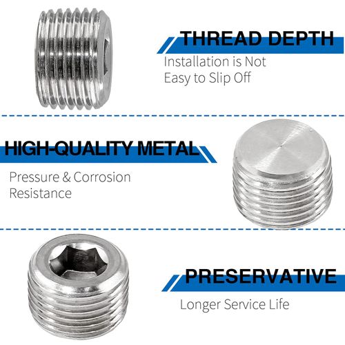 LifCratms 1/2" NPT Male Plug, 304 Stainless Steel Internal Hex Thread Pipe Plug, Hex Countersunk Head Plug Socket Pipe Fitting Kit (Pack of 5)