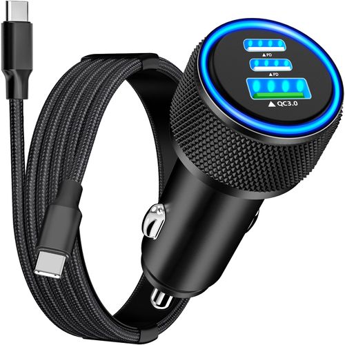 [Apple MFi Certified] iPhone 16 Car Charger, Rombica 3-Port 67W USB-C&USB-A Car Cigarette Lighter PD/QC Fast Car Charging with Type-C Braided Cable for iPhone 16/16 Pro Max/15 Pro/Galaxy S25/S24/Pixel