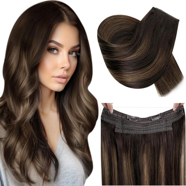 RUNATURE Balayage Echtes Menschliches Haar Fish Line Haarverlängerungen Dunkelbraun und Hellbraun 45 cm Remy Braun Extensions Echthaar mit Draht 80 Gramm