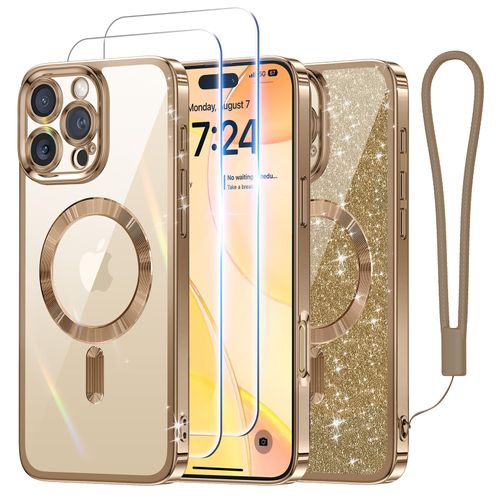 Meifigno Designed for iPhone 16 Pro Case 6.3", [Glitter Card & Wrist Strap] [Compatible with MagSafe] [2X Screen Protectors] Surround Lens Protection Designed for 16 Pro Case, Desert Titanium