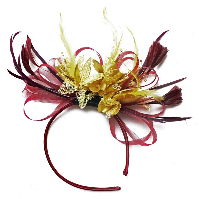 Caprilite Fashion Burgundy and Gold Fascinator Headband Net Hoop Feather Hair Wedding Royal Ascot Races